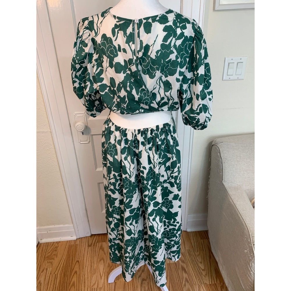 Green White Floral Garden Midi Wrap Dress Puff Sleeves Shea McGee Inspired SZ XL - Picture 13 of 16